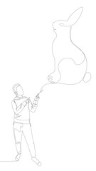 One continuous line of Man pointing with finger at Rabbit. Thin Line Illustration vector concept. Contour Drawing Creative ideas.