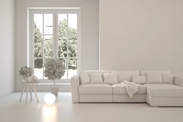 Küchenrückwand glas motiv Grey living room concept with sofa and summer landscape in window. Scandinavian interior design. 3D illustration © AntonSh