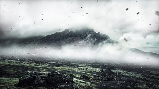 mysterious black mountain with dramatic cloudy sky morning. seamless looping overlay 4k virtual video animation background