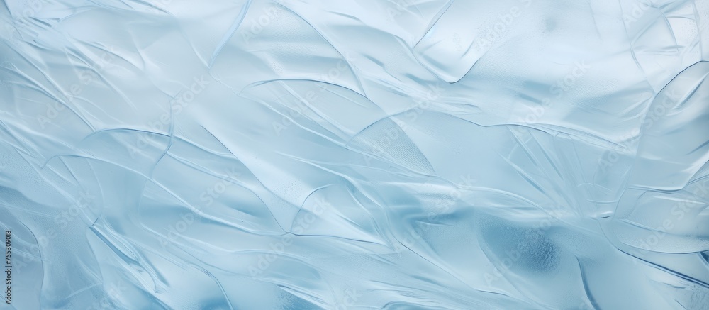 Poster detailed view of a frosty window with intricate patterns of ice crystals. the background shows a cle