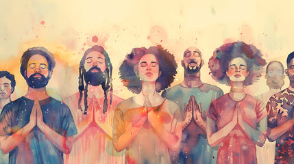 Watercolor Painting of a Diverse Group of People Standing Together With Their Hands Held in Prayer