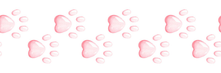 Paw print Border. Watercolor illustration of pink cat or dog footprint. Hand drawn on white isolated background. Painting of template frame for cards. Drawing of animal cartoon cute seamless pattern - obrazy, fototapety, plakaty