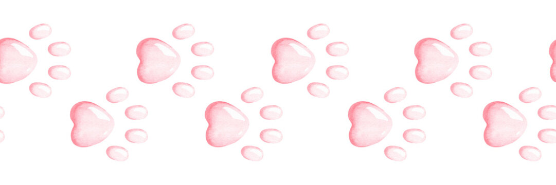 Paw print Border. Watercolor illustration of pink cat or dog footprint. Hand drawn on white isolated background. Painting of template frame for cards. Drawing of animal cartoon cute seamless pattern
