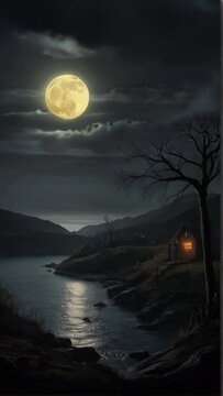 full moon over the mountains and lake scarry night generated with AI