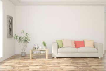 Fototapeta premium Modern minimalist interior with sofa on empty white color wall background. Interior mockup. Scandinavian interior design. 3D illustration