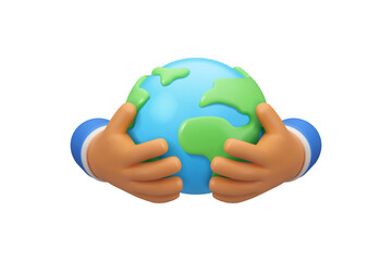 Hands holding Earth icon. Sustain symbol. Vector 3d cartoon planet in arms. Save the planet environment concept, corporate social responsibility design. - 755309668