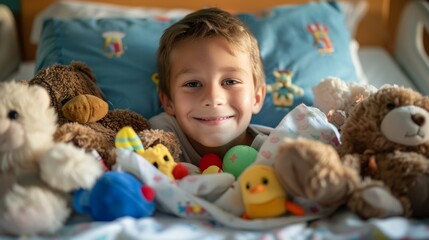 Fototapeta premium A smiling child in a hospital bed surrounded by a comforting collage of their beloved toys arranged neatly on the blankets around them.