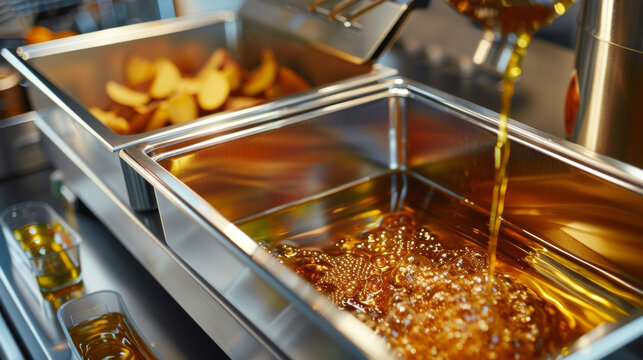 The deep fryers removable oil tank with a convenient pour spout for easy disposal of used oil.