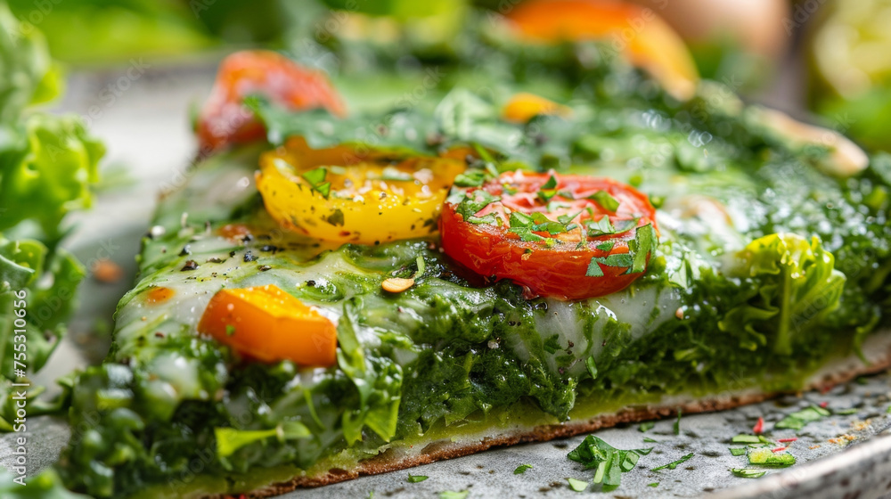 Poster a closeup of a slice of algae pizza with a vibrant green crust made from a blend of different algae 