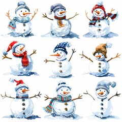 Clipart illustration with various snowmen. on a white background
