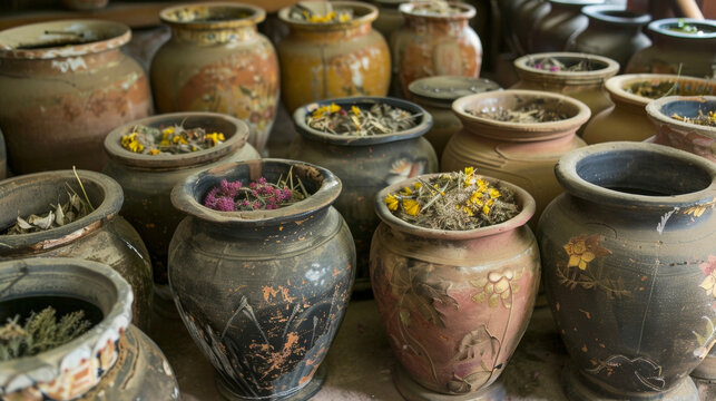 A detailed image of a set of traditional clay pots filled with various herbs roots and oils. These ingredients are used to create potent healing concoctions and are kept in