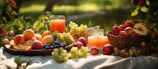 A wooden table is set with a woven basket filled with a variety of fresh fruits like apples, oranges, and bananas. Alongside the fruit basket, there are glasses filled with refreshing apricot juice