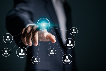 Delegation concept. Supervisors delegate work rights to other people on the team. Business work...