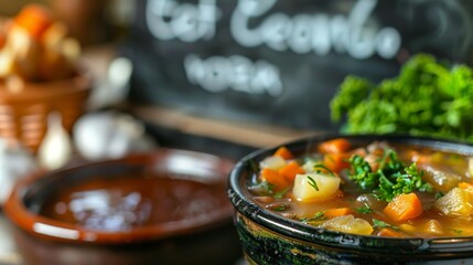 A closeup of a steaming bowl of hearty vegetable soup filled with chunks of locallygrown root vegetables and fragrant herbs. In the background a chalkboard sign reads Eat