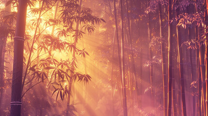 A tranquil bamboo grove at dawn, with shafts of golden sunlight filtering through the dense foliage against a backdrop of soft lavender and pale rose hues.