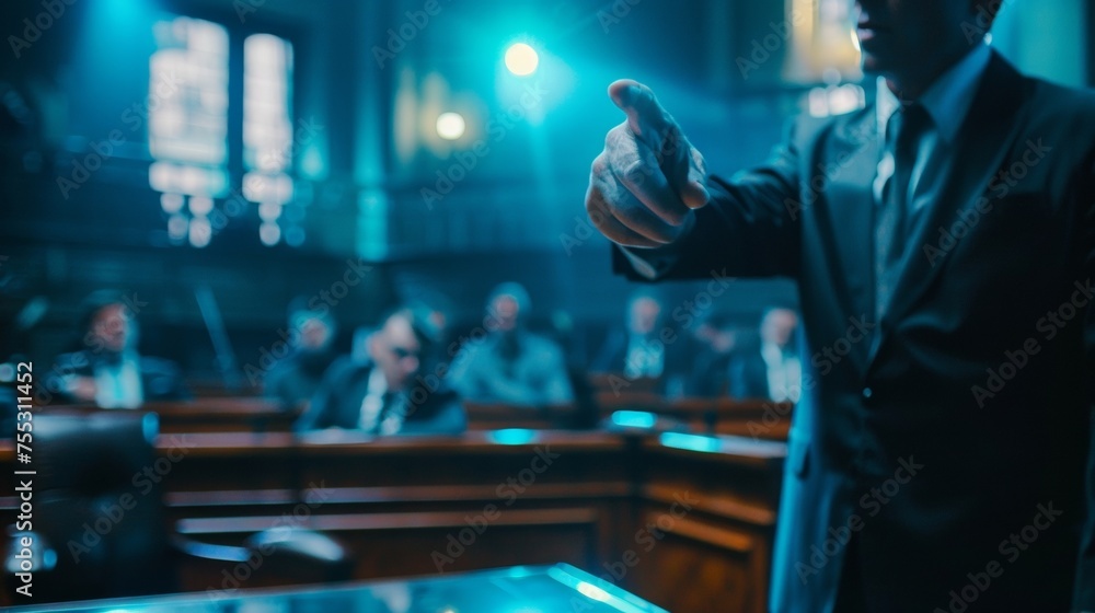 Poster a mock courtroom scene with a proseor pointing to evidence of a data breach and arguing the legal re