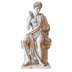 White Background, Athletic Male Is Using His Smartphone, Roman Empire Marble Statue Style, Illustration