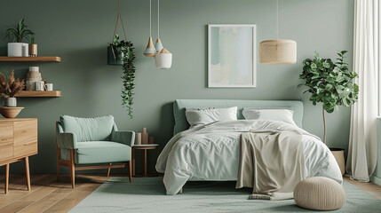 A tranquil bedroom in shades of seafoam green, adorned with minimalist furniture pieces in contrasting colors for visual interest.