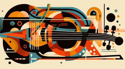 A geometric and colorful abstract portrayal of a cello highlighted with orange and blue,ai generated