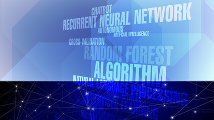 Neural network and connected lines in ai artificial intelligence texts, machine learning, and technology