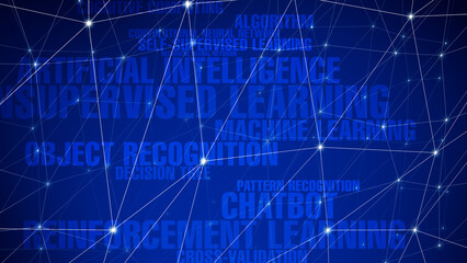 Algorithm for ai artificial intelligence texts and connected lines exploring machine learning, neural networks, and technology