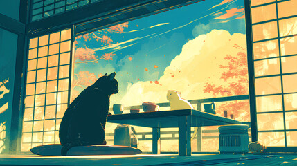 group of cats relaxing on the table, 2d illustration