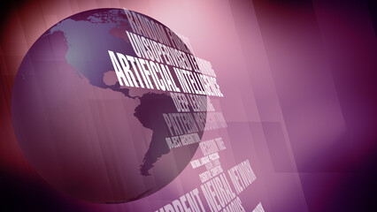 Artificial intelligence texts and world globe exploring impact of ai on global technology and data analysis