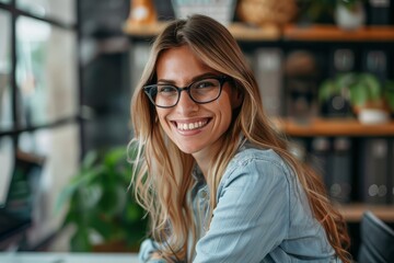 Smiling woman sitting at her desk in office. Happy business woman sitting in office