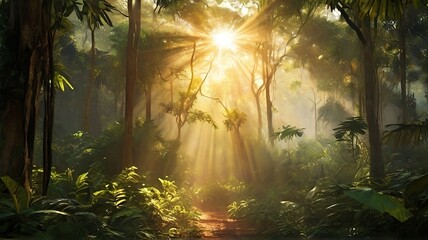 jungle with the sun shining through the trees at sunsrise
