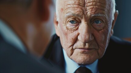 An elderly man listens attentively as a lawyer speaks to him about his rights as a consumer particularly when dealing with scams and fraudulent practices.