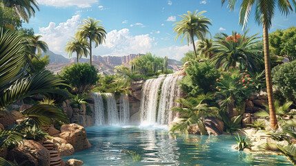 A tranquil garden oasis in the desert, with lush greenery and cascading waterfalls set against a...