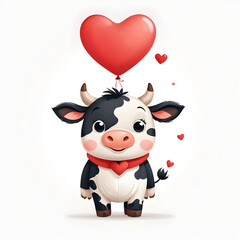 Cute Cow Holding Red Heart Balloon for kids story books