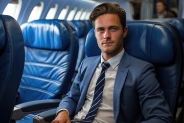 Businessman in suit on empty economic class passenger