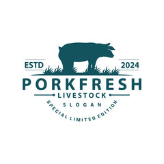 Pig logo grilled pork pig simple rustic stamp vector emblem livestock barbecue BBQ vintage design inspiration
