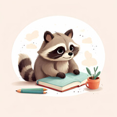 Cute raccoon reading a book kids story book illustration of a cartoon raccoon