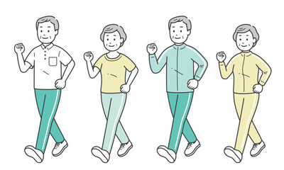 スポーツウェアでウォーキングする高齢男女