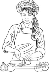 A cartoon illustration of a woman chef preparing the food, SVG vector art of people working