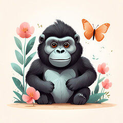 Gorilla sitting with butterfly and flowers kids story book illustration of a Gorilla