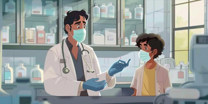 An animated sequence shows a doctor wearing gloves a mask and a lab coat while performing a checkup on a child. The narration focuses on how these preventive measures can