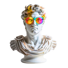 Antique Marble Sculpture With Glasses, Illustration, Marble Greek Statue Wear Colorful Glasses, Statue Wearing Glasses On White Background
