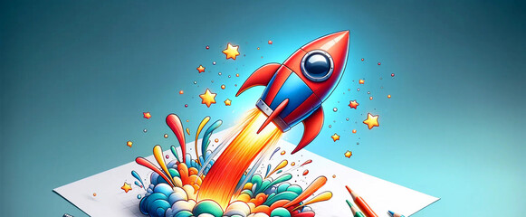 A vivid cartoon rocket launching directly from a drawing on a piece of paper - Powered by Adobe