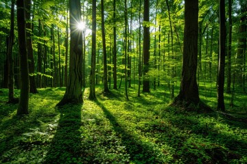 Lush green forest with sunlight filtering through the trees, vibrant ecosystem, nature landscape.