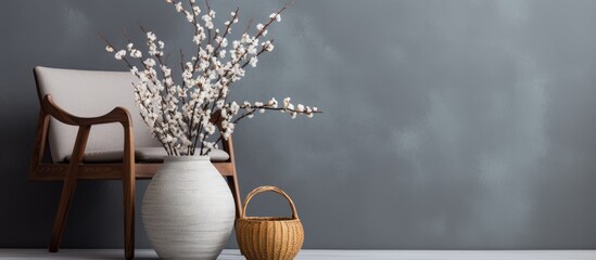 A white vase with cotton flowers sits next to a wicker chair, placed in front of a modern grey wall with carpet in the background.