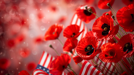 Memorial Day tribute with close-up of vibrant red poppies and American flags on bokeh background.
