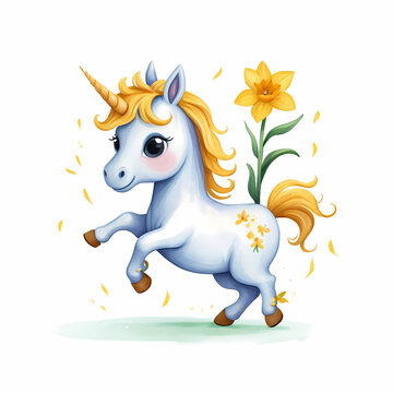 Unicorn with flowers Cute cartoon character kids story book illustration