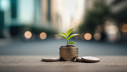 little green tree growing from coins and beautiful blur city background. investment concept. 