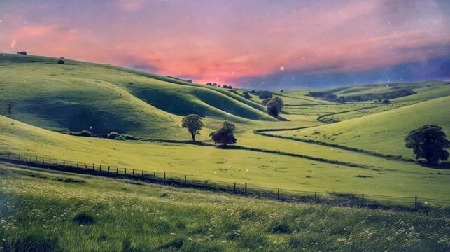 a picture of grassy hills and green fields. seamless looping time-lapse virtual 4k video animation background