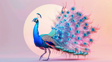 A vibrant blue peacock spreading its iridescent feathers within the light pink circle, its plumage shimmering in the sunlight as it dances gracefully.