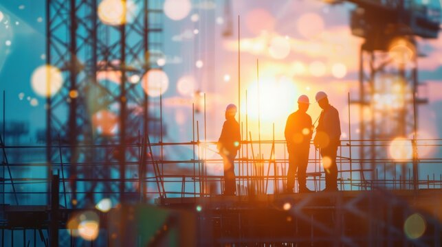 Silhouette of engineer and construction team working at site over blurred background for industry background with Light fair.Create from multiple reference images together