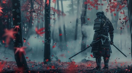 Obrazy na Plexi  a epic samurai with a weapon sword standing in a foggy japanese forest. asian culture. pc desktop wallpaper background 16:9